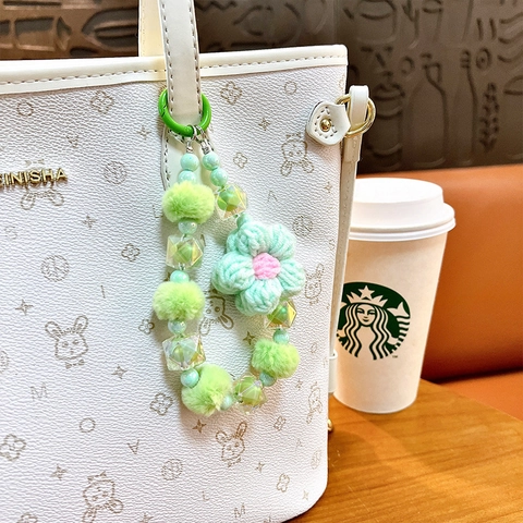 Handmade Crochet Flower Beaded Phone Charm Kawaii Acrylic Beads Plush Pom Pom Keychain For Women Bag Charm Strap Accessory