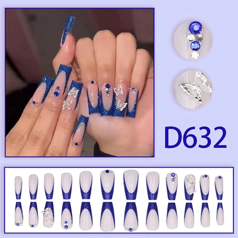 Unghie Finte Lunghe Coffin A Pressione Glitter Blu Reale French Farfalla 3D Strass Unghie Artificiali Alla Moda