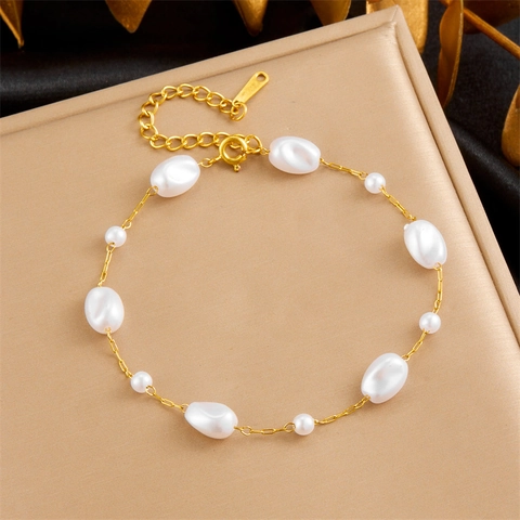 Artificial Baroque Pearl Chain Bracelet Gold Plated Stainless Steel Adjustable French Retro Elegant Jewelry For Women