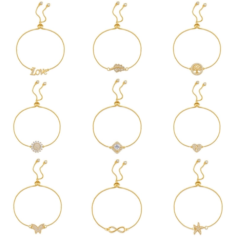 Bracciale Bolo Regolabile Rame Placcato Oro 18K Zircone Cuore Infinito Albero Della Vita Farfalla Croce Per Donne