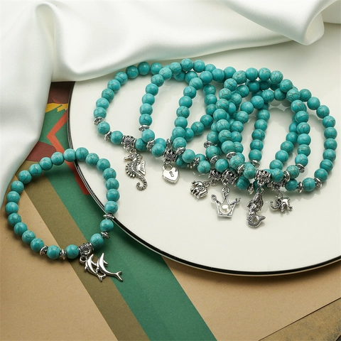 Boheemse Turquoise Kralen Armband Legering Dierlijke Hanger Vintage Elastische Sieraden Voor Dames