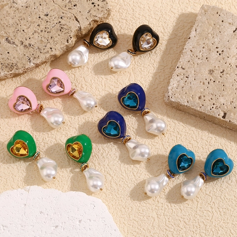 Hart Druppel Oorbellen Roestvrij Staal 18K Verguld Barok Kunstparel Kleurrijk Kristal Emaille Vintage Sieraden Voor Dames