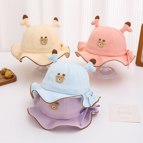 Cappello Da Pescatore Carino Per Neonati Con Corna E Ricamo Di Orso Misto Cotone Protezione Solare Cappello Per Bambini