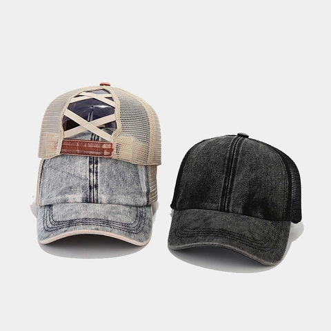 Washed Cotton Denim Ponytail Baseball Cap Mesh Back Criss Cross High Bun Trucker Hat Distressed For Women Outdoor