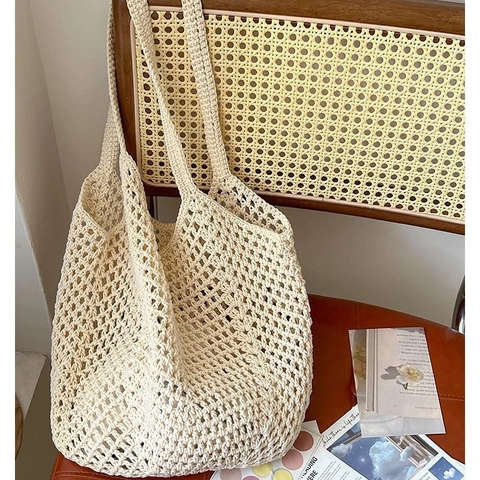 Women Woven Shoulder Bag Cotton And Polyester Hollow Out Mesh Tote Large Capacity Casual Beach Holiday Bag