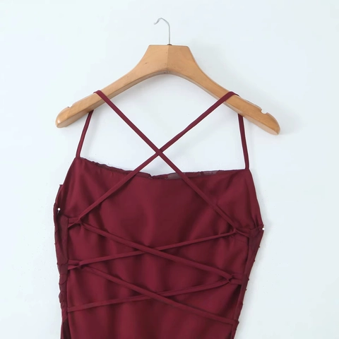 Vestito Maxi da Donna Sexy Bordeaux Schiena Scoperta Stringato Floreale Devoré Spalline Sottili Vestibilità Aderente Abito da Sera Elegante Senza Maniche