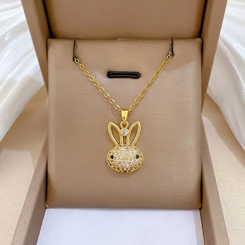 Süße Hasenkopf Anhänger Halskette Titanstahl Kette Kupfer Mikroeingelegte Zirkonia Mode Schmuck Damen