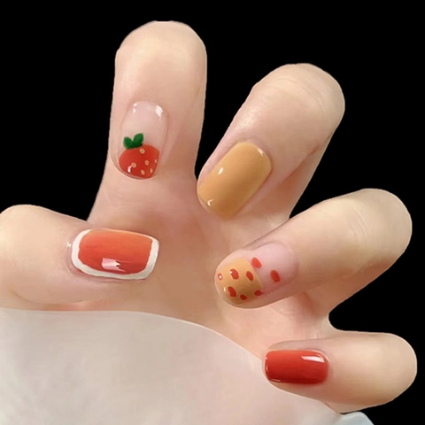 Press On Nails Corte Rotonde Stampa Fragola Carino Rosso Giallo Lucido Unghie Artificiali Per Donne Ragazze