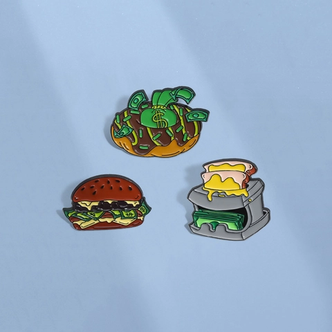 Broche de Esmalte Creativo Comida Dinero Diseño Burger Donut Tostadora Insignia de Aleación Joyería Regalo Mujer Hombre