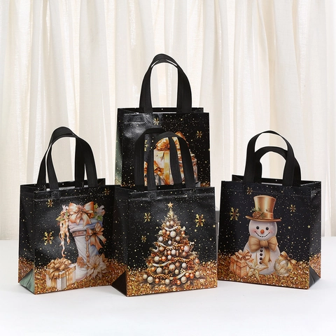 Große Weihnachtsgeschenktüte Vliesstoff Handtasche Laminiert Weihnachtsmann Schneemann Muster Neujahr Feiertag Party Dekoration