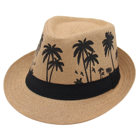 Summer Straw Fedora Hat With Palm Tree Pattern Black Ribbon Short Brim Sun Beach Panama Hat For Men Women