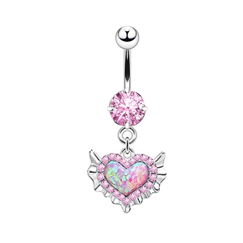 Stainless Steel Pink Rhinestone Heart Wing Belly Ring For Women Key Design Body Piercing Jewelry Navigation Ring