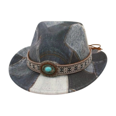 Cappello Fedora Per Bambini Patchwork Denim Stile Cowboy Western Decorazione Turchese Etnica Retro Britannico