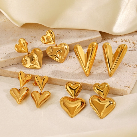 Fashion Stainless Steel 18K Gold Plated Heart Stud Earrings For Women Minimalist Stacking Double Heart Earrings Jewelry Gift