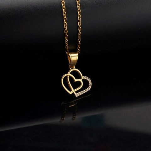 Elegant 316 Stainless Steel Double Heart Pendant Necklace For Women Gold Plated Zirconia Interlocking Hearts Jewelry Gift