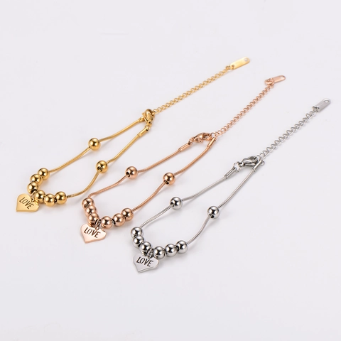 Minimalistische Edelstahl Herz Anhänger Armband Mit Runden Perlen Schlangenkette Graviert LOVE Mode Schmuck Für Frauen