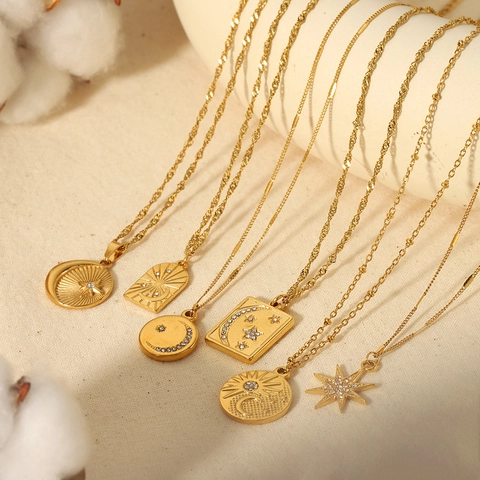Stainless Steel Necklace Gold Plated Rhinestone Celestial Star Moon Pendant Square Coin Fashion Jewelry For Women