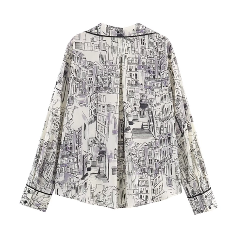 Women Long Sleeve Blouse Polyester Architectural Sketch Print Button Down Shirt With Contrast Trim Casual Top
