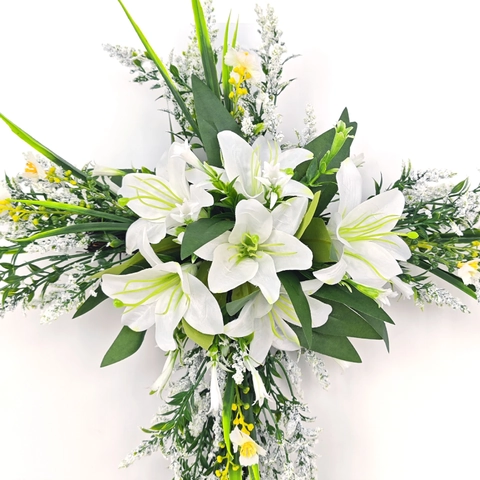 Artificial Lily Flower Cross Wreath Satin White Lilies Greenery Door Hanging For Easter Wedding Religious Memorial Decor