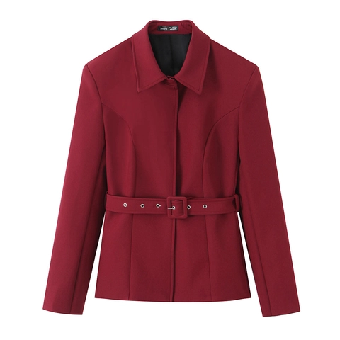 Chaqueta Blazer Elegante De Acrílico Para Mujer Con Cinturón Color Sólido Solapa Manga Larga Oficina Negocios Ajustada