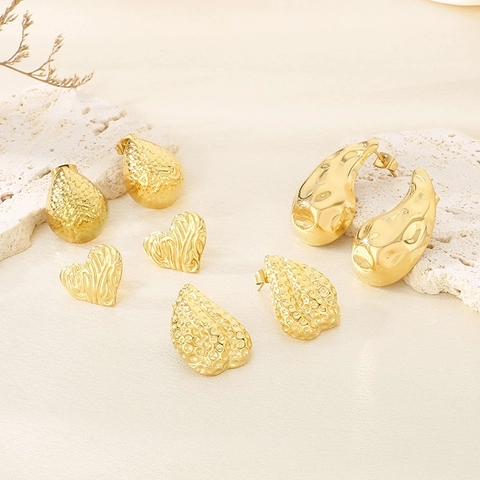 Minimalist Stainless Steel Stud Earrings For Women Hammered Relief Textured Geometric Heart Waterdrop Gold Silver Plated Jewelry