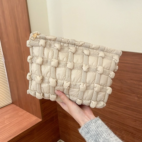 Pochette Trapuntata A Bolle Poliestere Puffy Cloud Griglia Organizzatore Trucco Texture 3D Beauty Case Da Viaggio