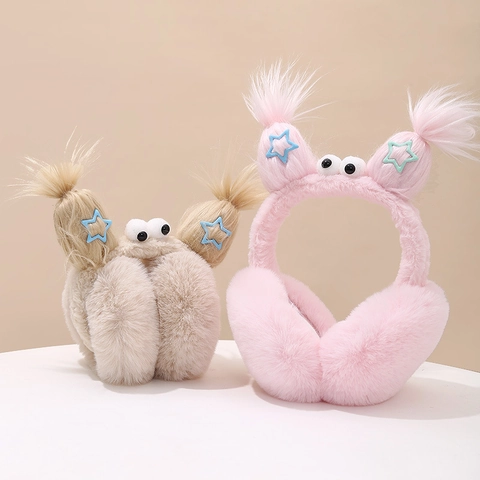 Paraorecchie In Peluche Mostro Del Fumetto Divertenti Occhi Grandi Inverno Caldo Per Le Donne Ragazze Finta Pelliccia Pieghevole