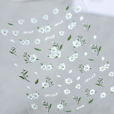 Nail Art Stickers Ultra Thin Self Adhesive White Flower Green Leaf Spring Embossed Relief Decals For Women DIY Decoration