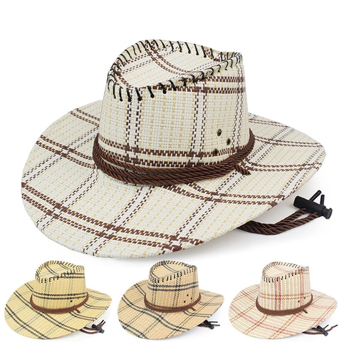 Cappello da Cowboy Occidentale in Paglia per Uomo Donna a Quadri Parasole Fedora Con Corda Antivento Regolabile Pesca Spiaggia