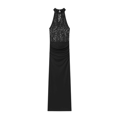 Zwarte Kant Patchwork Halter Maxi Jurk Elegant Slim Fit Geplooid Avondfeest Socialite Mouwloos Bodycon Lang