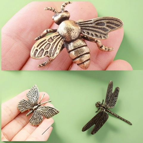 Antique Copper Plated Alloy Insect Miniature Ornaments Butterfly Bee Dragonfly Statues For Home Office Desk Decor Vintage