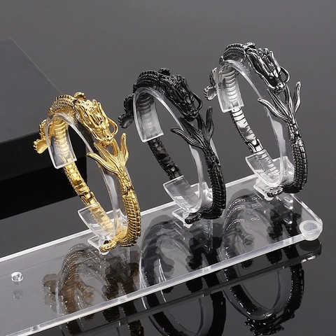 Dragon Bangle Bracelet Titanium Steel Gold Plated Domineering Punk Ethnic Style Men Jewelry Accessory