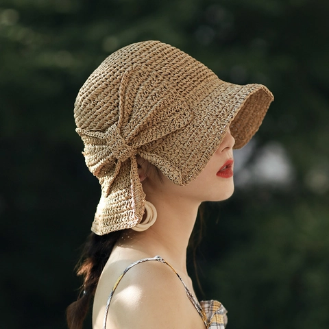 Cappello In Paglia Fatto A Mano Donna Con Fiocco Pieghevole Estate Spiaggia Elegante Traspirante Cappello Da Sole