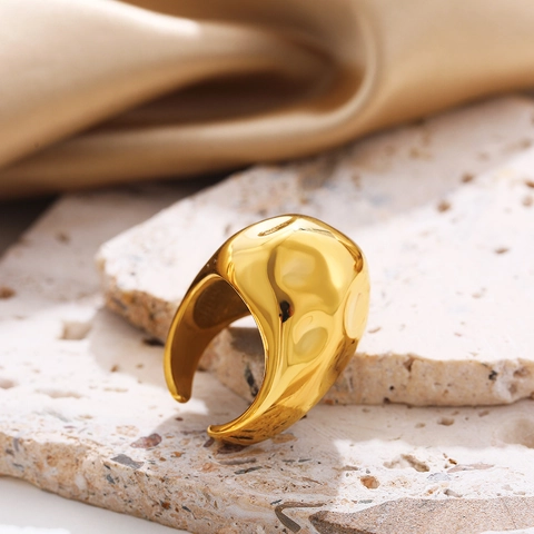 Anello Aperto Vintage in Acciaio Inossidabile per Donna Placcato Oro Stile Metallo Liquido Martellato Regolabile Statement Ring