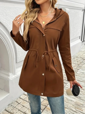 Women Hooded Windbreaker Jacket Polyester Drawstring Waist Zipper Closure Utility Style Pocket Mid Length Casual