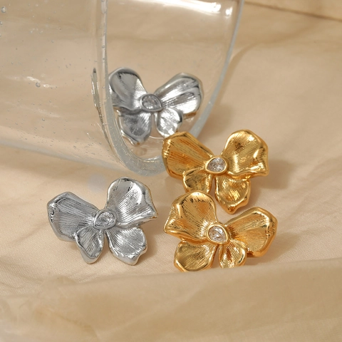 Bowtie Flower Stud Earrings Stainless Steel Pear Zircon Brushed Metal Waterproof Hypoallergenic Jewelry For Women