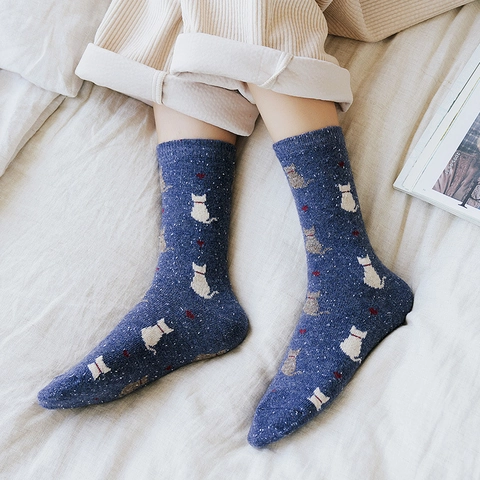 Women Winter Crew Socks Wool Blend Speckled Knit Vintage Japanese Style Cartoon Animal Pattern Warm Casual Slouchy