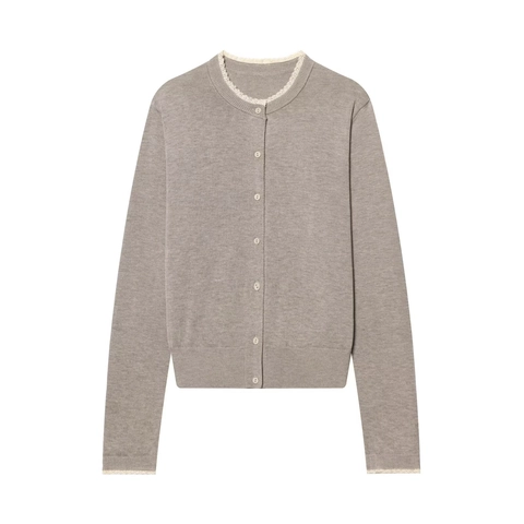 Women Knitted Cardigan Cotton Polyester Blend Lace Trim Round Neck Single Breasted Long Sleeve Sweater Elegant Solid Top