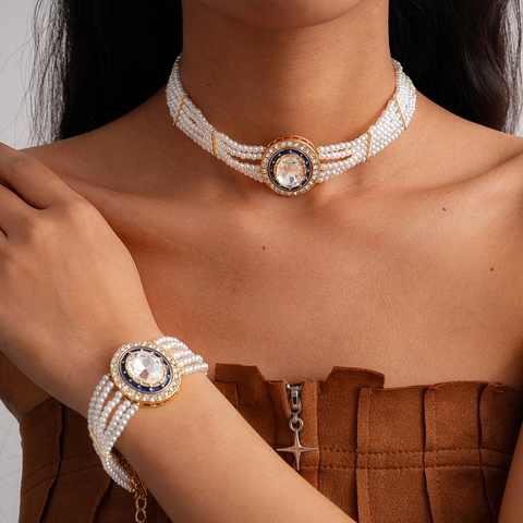 Vintage Mehrlagig Künstliche Perle Halskette Armband Set Mit Oval Strass Blau Emaille Vergoldet Legierung Schmuck Für Damen