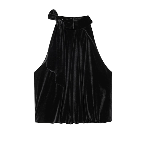 Women Halter Top Velvet Sleeveless With Big Bow Tie Elegant Socialite Style Solid Color Party Slimming Bubble Hem