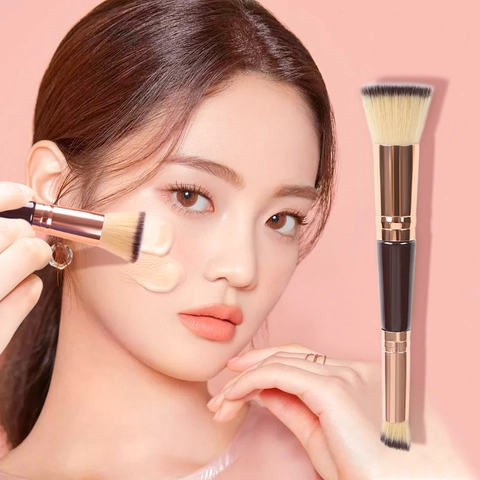 Pinceau À Maquillage Double Extrémité Fond De Teint Plat Et Contour Biseauté Fibres Synthétiques Tube Rose Gold