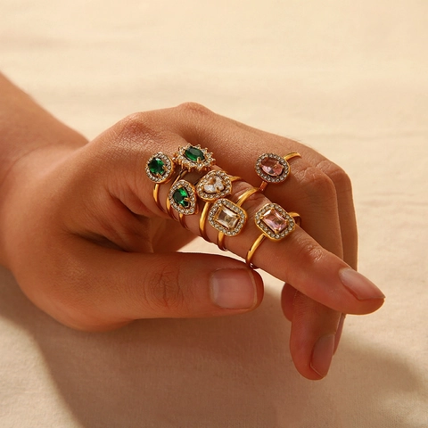 Anillo De Circonio De Acero Inoxidable Retro Ajustable Geométrico Corazón Girasol Incrustado Joyería Chapada En Oro Para Mujeres