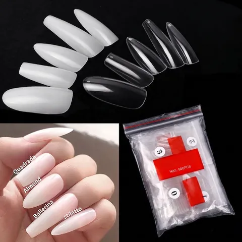 False Nail Tips Coffin Stiletto Almond Shape Transparent Natural White Full Cover ABS Artificial Nails For DIY Manicure Salon