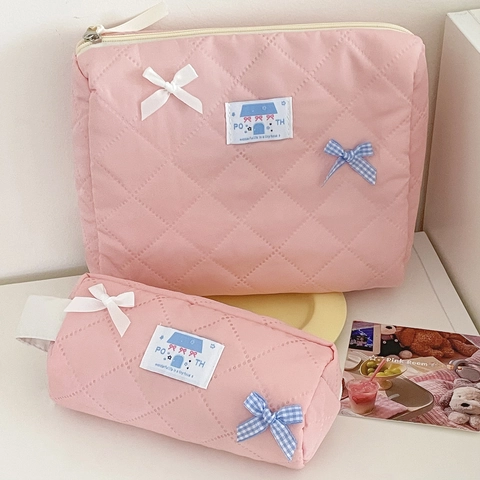Quilted Polyester Makeup Bag With Bow Large Capacity Portable Toiletry Storage Zipper Pouch For Women Students Sweet Style