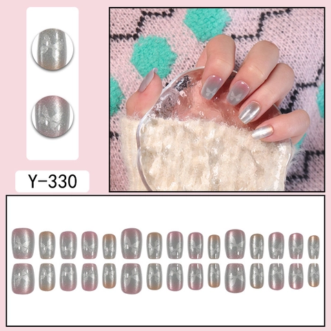 Press On Nails Cat Eye Butterfly Pattern Gradient Pink Gray Square Round Shape Glossy Reusable Elegant Manicure