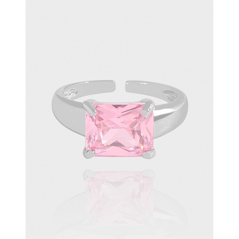 925 Sterling Silver Pink Zirconia Open Ring For Women Minimalist Geometric Rectangular Adjustable Light Luxury Finger Jewelry