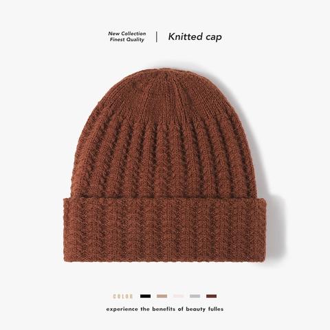 Gorro De Punto Imitación Pelo De Conejo Cálido Grueso Color Sólido Con Dobladillo Gorra Térmica Invierno