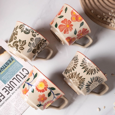 Tazza In Ceramica Dipinta A Mano Floreale Smalto Tazza Da Caffè Resistente Al Calore Colazione Latte Acqua Con Manico