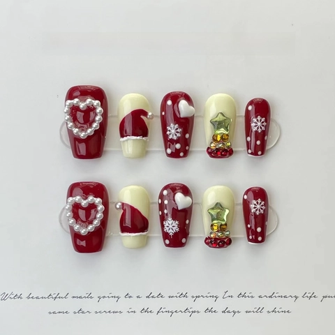 Handmade Press On Nails Christmas Theme Resin Faux Artificial Pearl Rhinestone Snowflake Heart Winter Holiday Luxury Red Cream