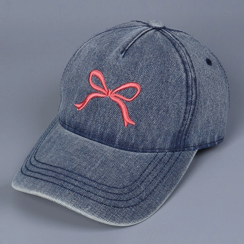 Damen Denim Baseballkappe Süße Schleife Stickerei Sonnenhut Breite Krempe Gewaschener Denim Casual Mode Verstellbar Hut